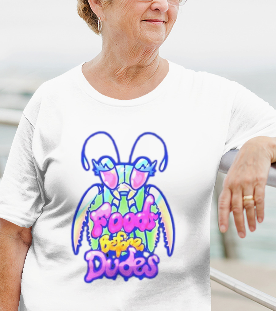 Mantis Neon Foods Before Dudes Colorful Insect Motif T-Shirt