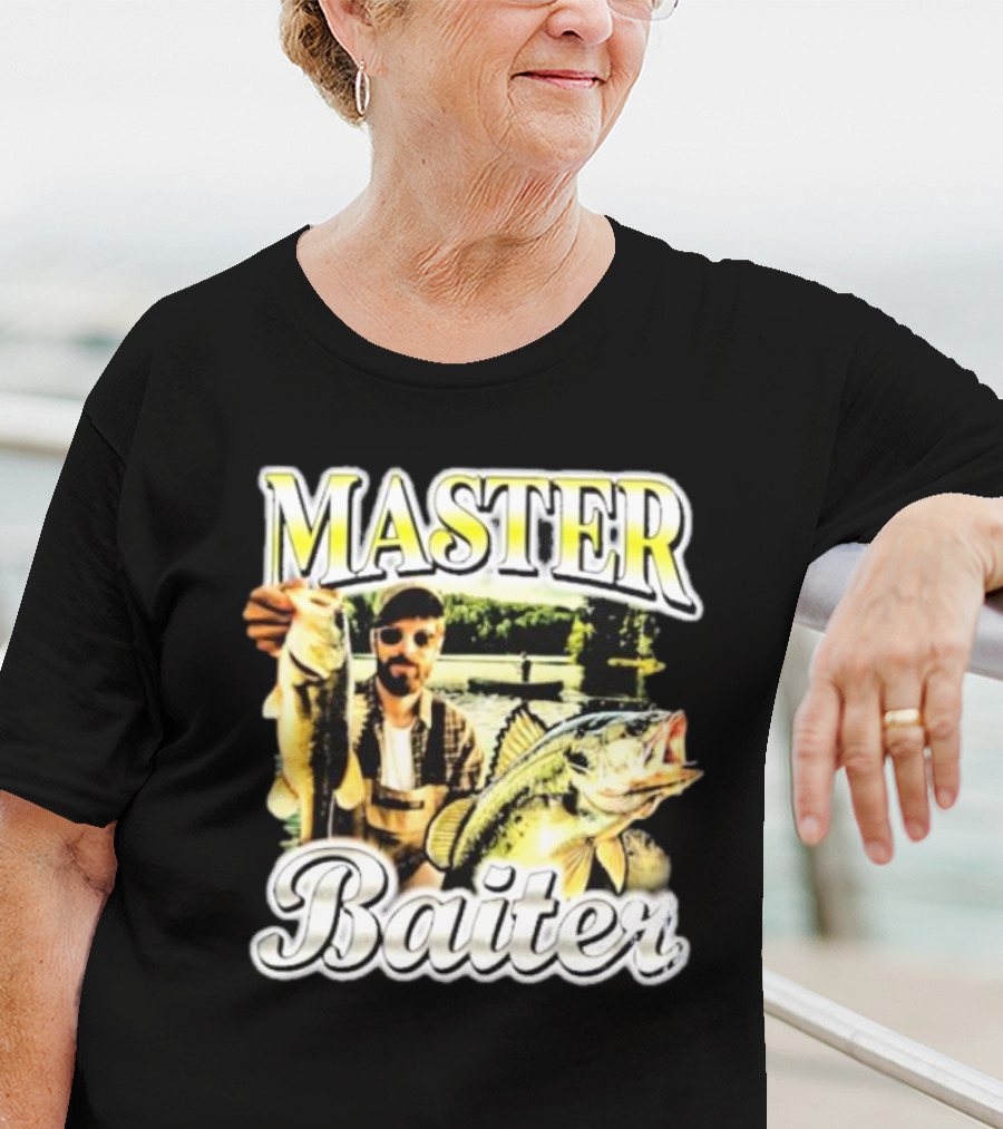 MASTER BAITER Fisherman Holding Fish In Lake Scene T-Shirt