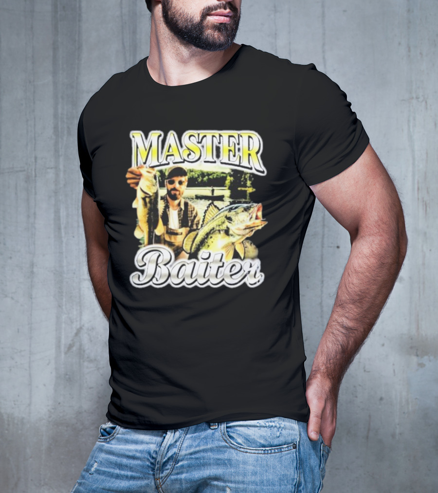 MASTER BAITER Fisherman Holding Fish In Lake Scene T-Shirt