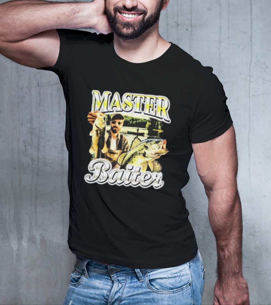 MASTER BAITER Fisherman Holding Fish In Lake Scene T-Shirt