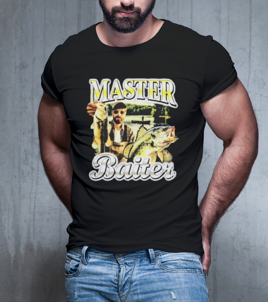 MASTER BAITER Fisherman Holding Fish In Lake Scene T-Shirt