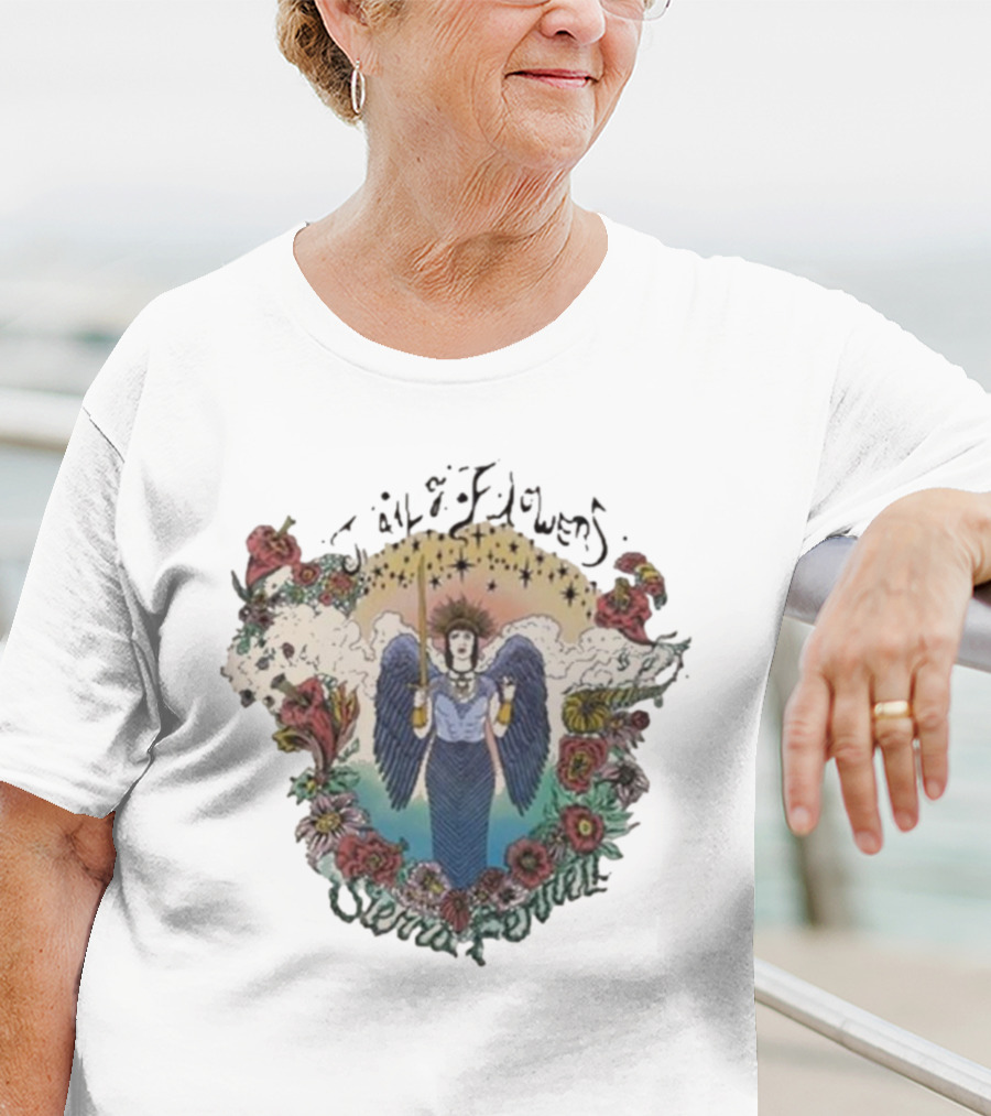 Sierra Ferrell Trail Of Flowers Angelic Winged Figure Surrounded By Floral Frame T-Shirt