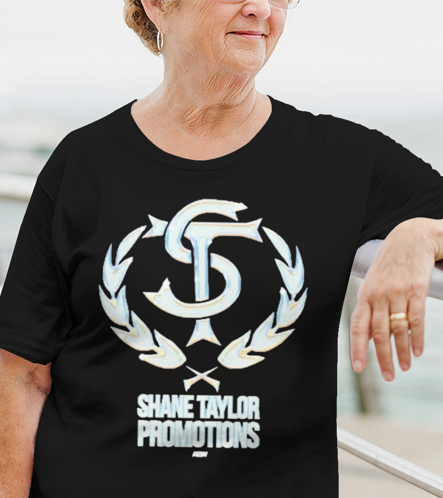 Shane Taylor Promotions ST Logo With Wreath Symbol Above AEW Text T-Shirt