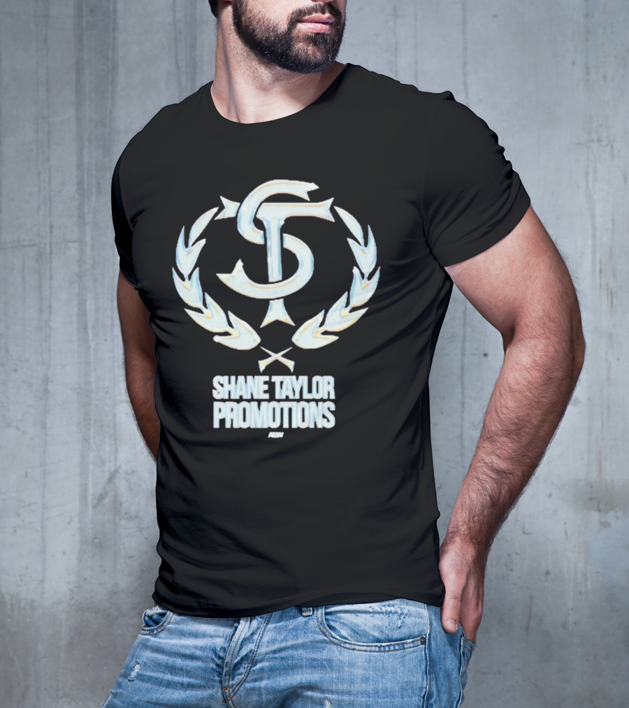 Shane Taylor Promotions ST Logo With Wreath Symbol Above AEW Text T-Shirt
