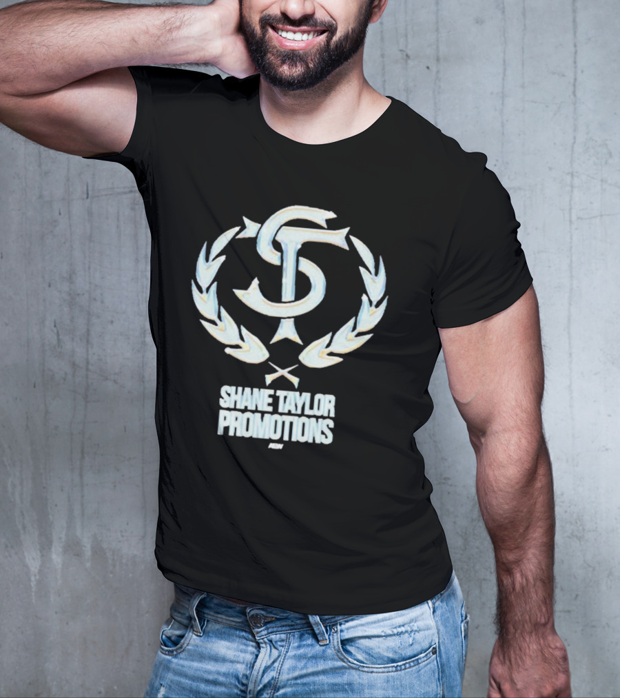 Shane Taylor Promotions ST Logo With Wreath Symbol Above AEW Text T-Shirt
