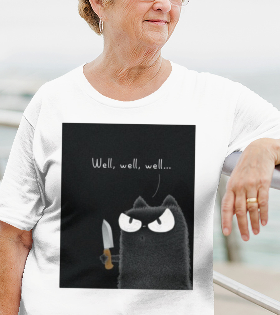Well Well Well Purrinink Black Cat Knife Humor T-Shirt