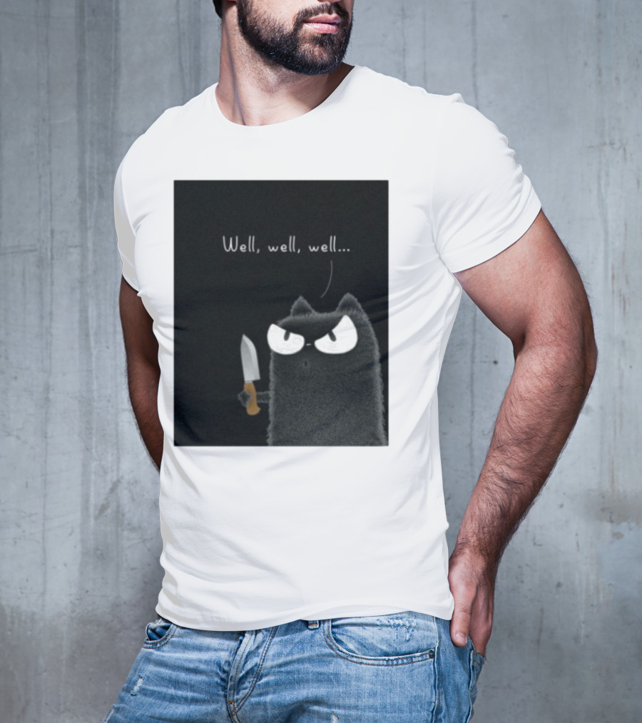 Well Well Well Purrinink Black Cat Knife Humor T-Shirt