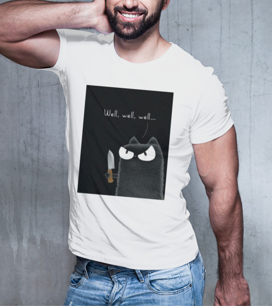 Well Well Well Purrinink Black Cat Knife Humor T-Shirt