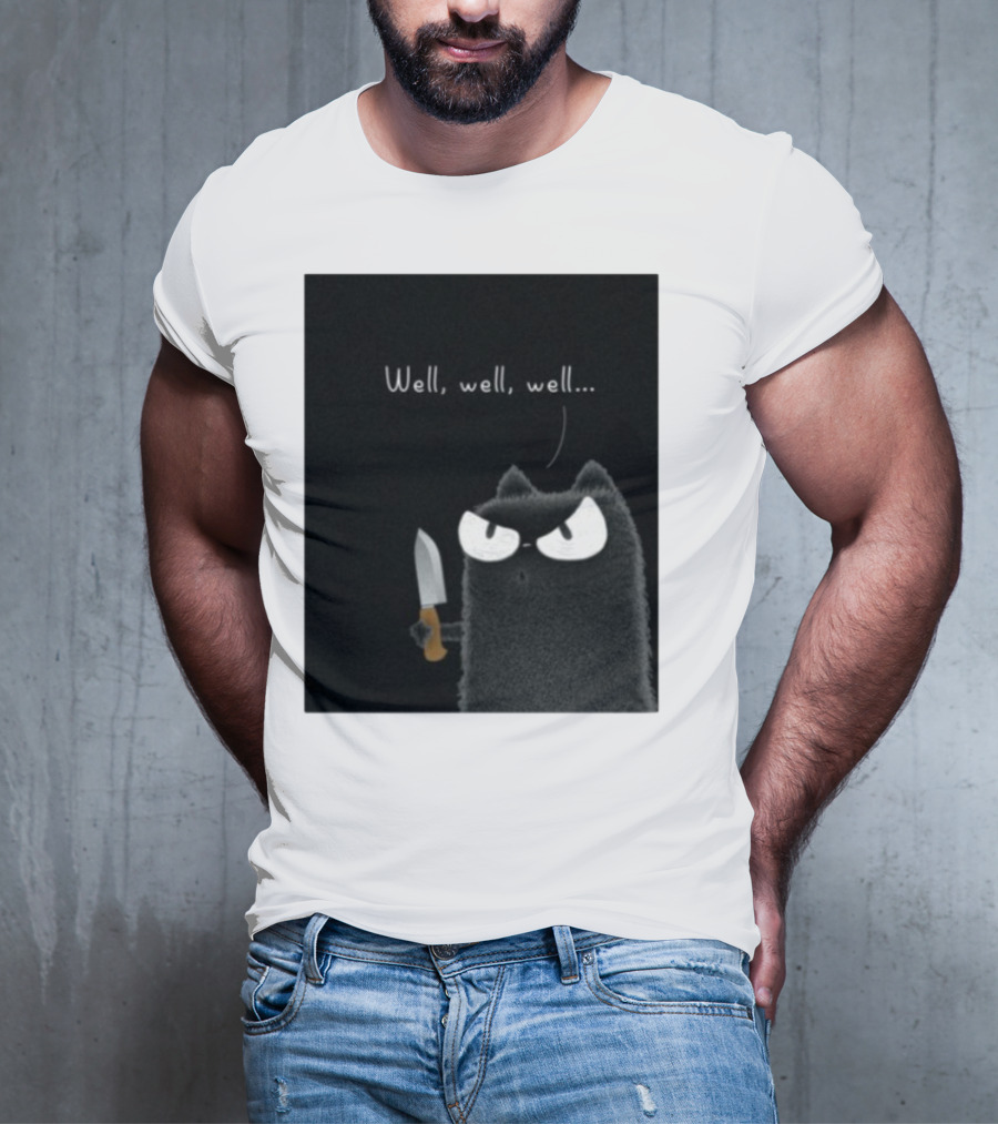 Well Well Well Purrinink Black Cat Knife Humor T-Shirt