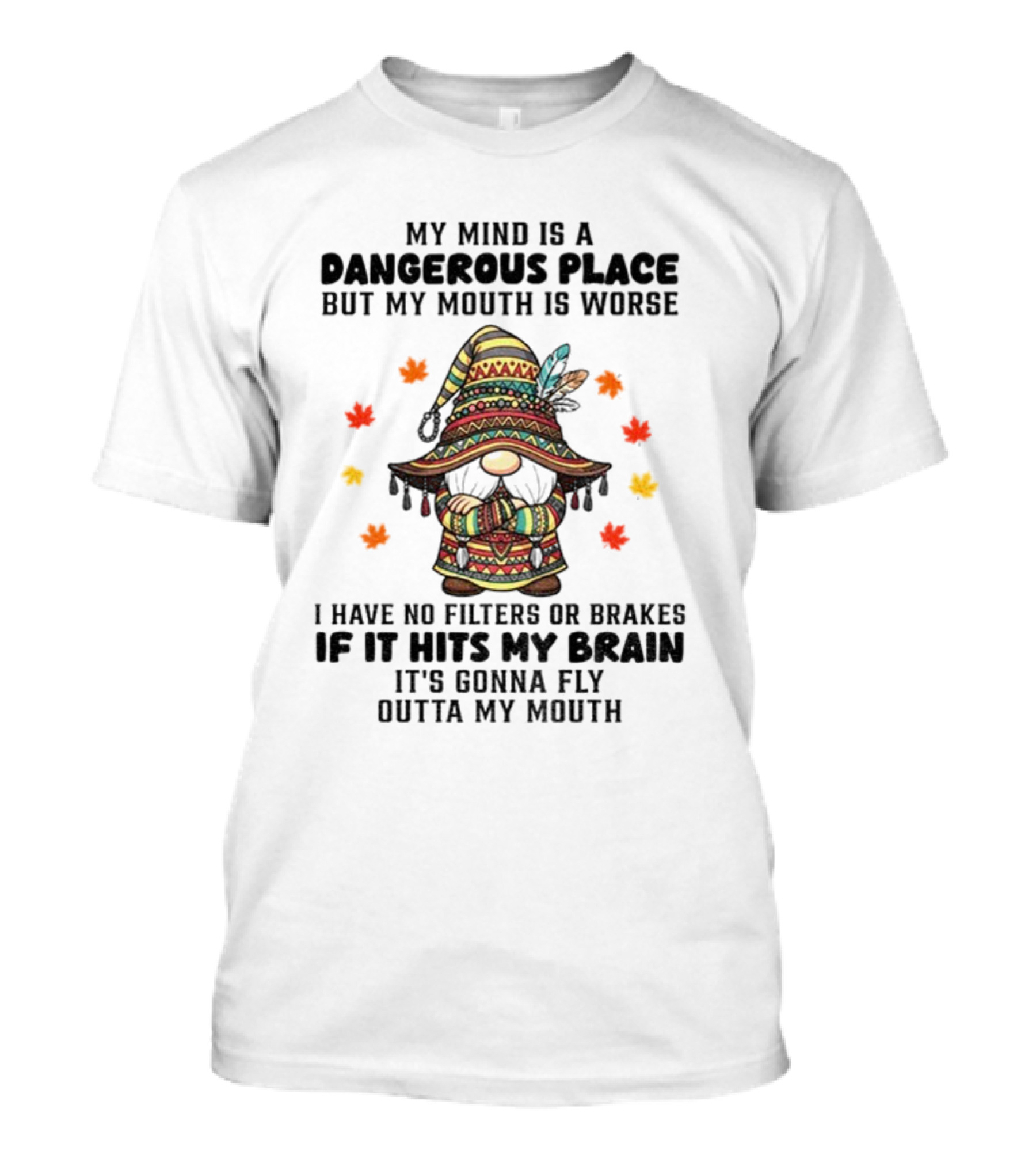 Angry Gnome My Mind Is A Dangerous Place But My Mouth Is Worse I Have No Filters Or Brakes If It Hits My Brain It's Gonna Fly Outta My Mouth T-Shirt