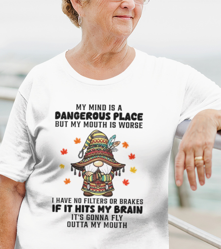 Angry Gnome My Mind Is A Dangerous Place But My Mouth Is Worse I Have No Filters Or Brakes If It Hits My Brain It's Gonna Fly Outta My Mouth T-Shirt