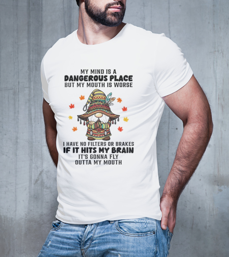 Angry Gnome My Mind Is A Dangerous Place But My Mouth Is Worse I Have No Filters Or Brakes If It Hits My Brain It's Gonna Fly Outta My Mouth T-Shirt