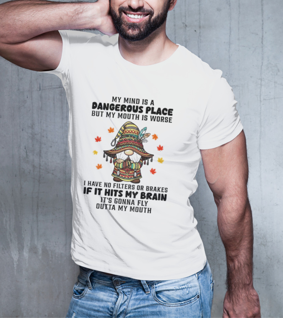 Angry Gnome My Mind Is A Dangerous Place But My Mouth Is Worse I Have No Filters Or Brakes If It Hits My Brain It's Gonna Fly Outta My Mouth T-Shirt