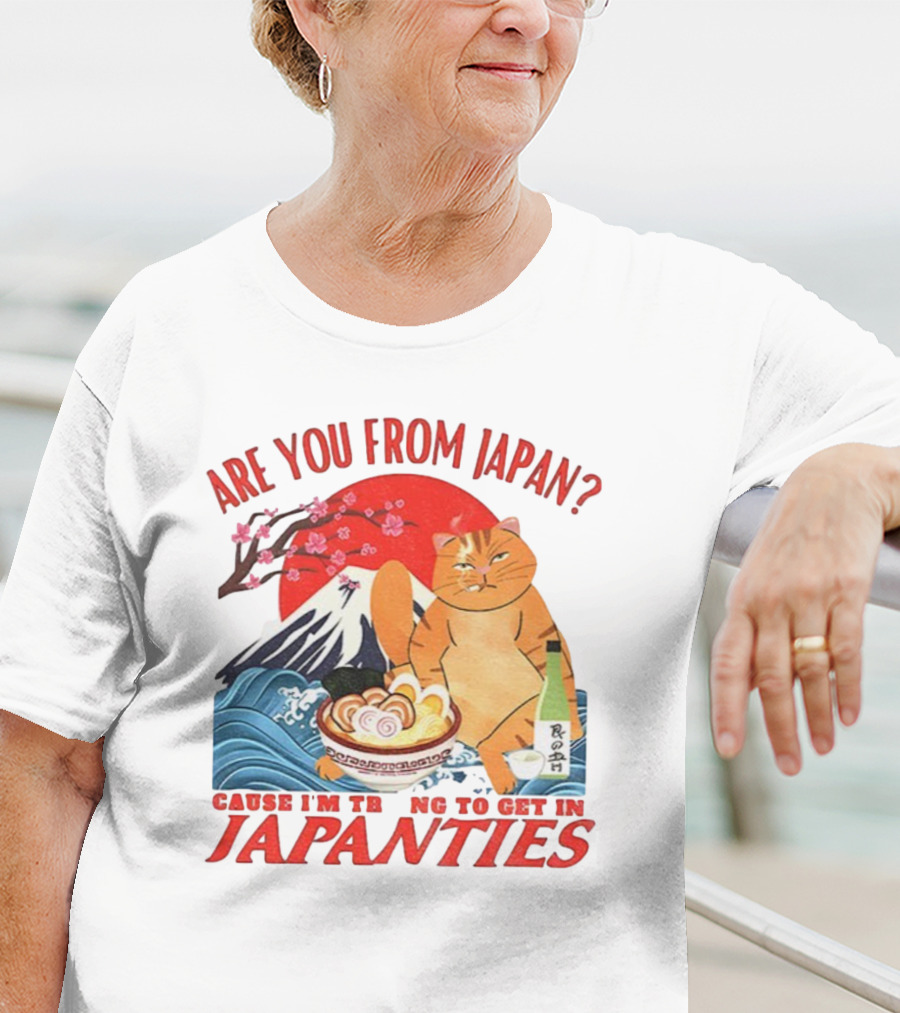 Are You From Japan Funny Cat Japanties Sushi Mt. Fuji Background T-Shirt
