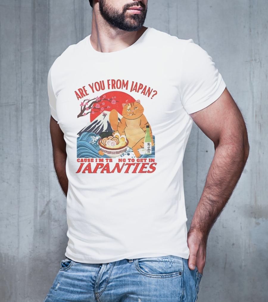 Are You From Japan Funny Cat Japanties Sushi Mt. Fuji Background T-Shirt