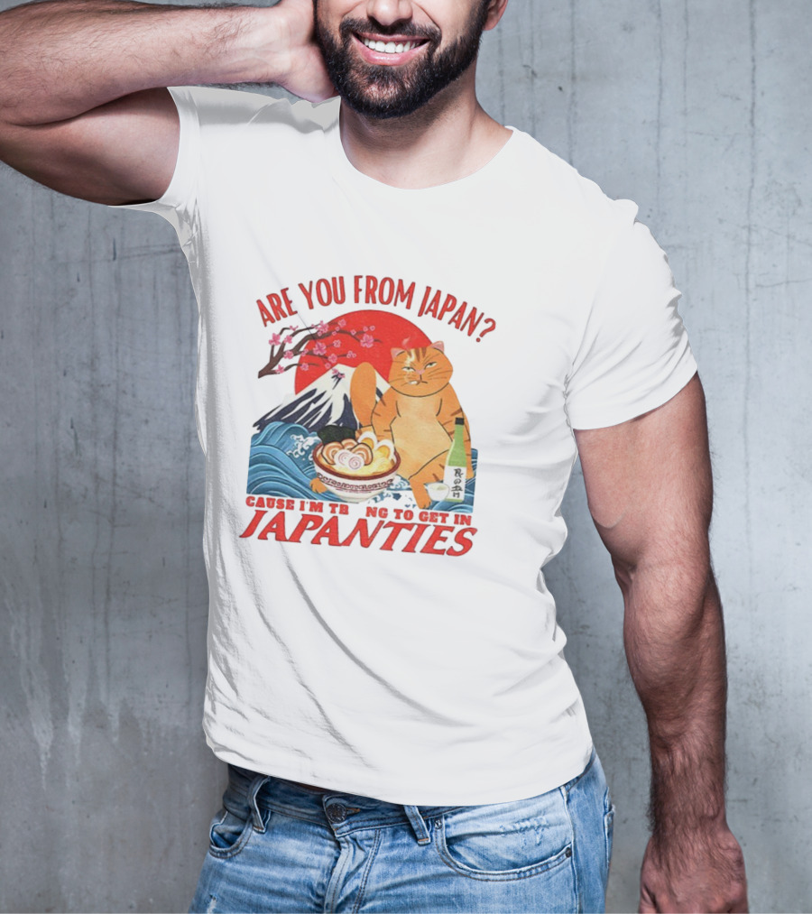 Are You From Japan Funny Cat Japanties Sushi Mt. Fuji Background T-Shirt