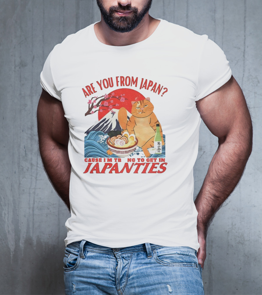 Are You From Japan Funny Cat Japanties Sushi Mt. Fuji Background T-Shirt