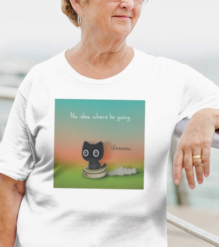 No Idea Where I'm Going Wee Black Cat Riding Robot Vacuum T-Shirt
