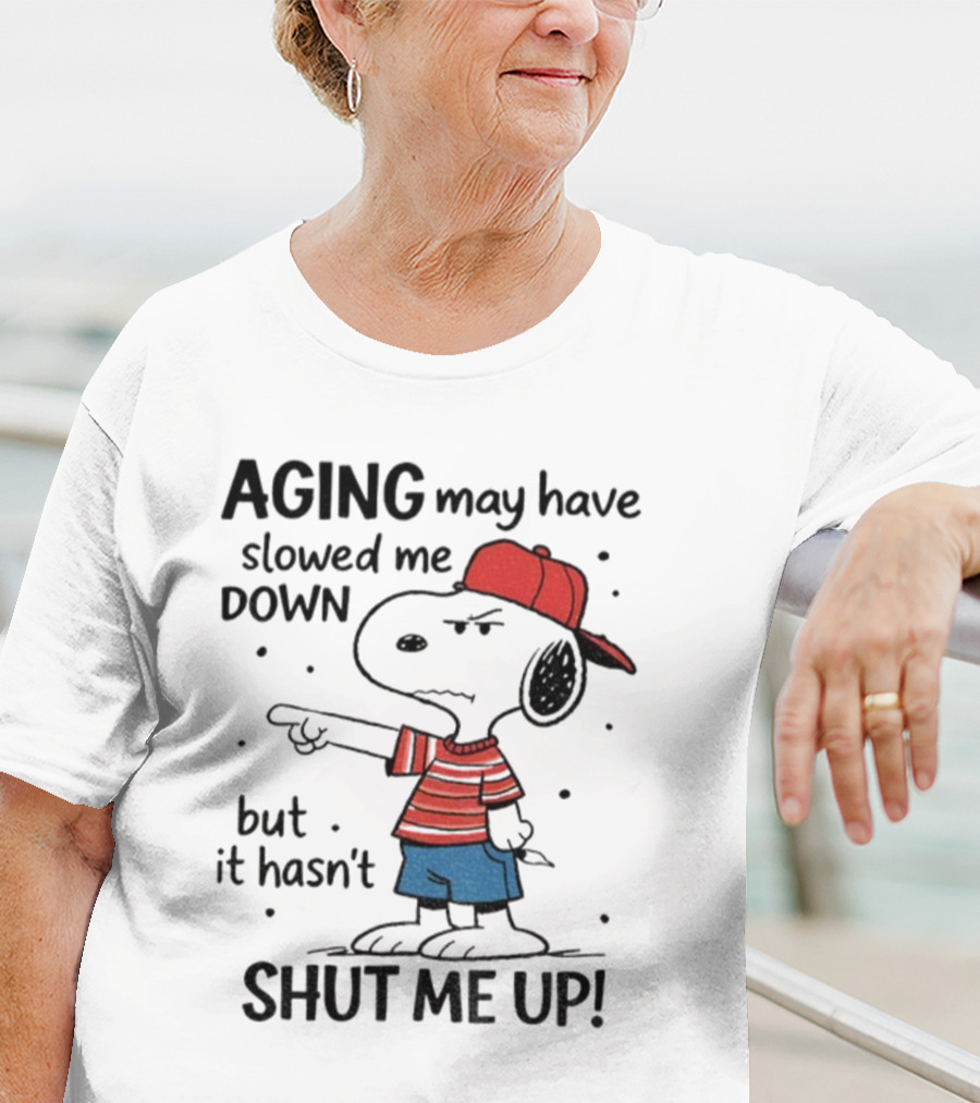 Snoopy Aging May Have Slowed Me Down But It Hasn't Shut Me Up Red Hat Striped Blue Shorts T-Shirt