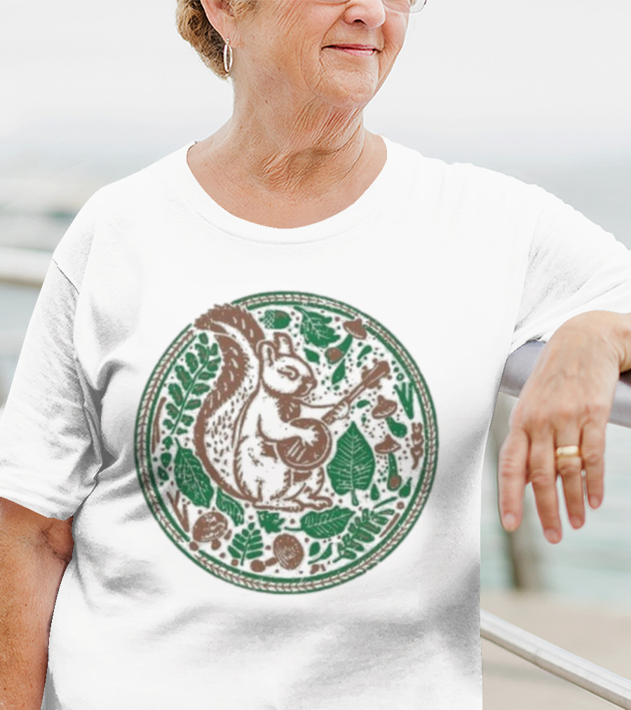 Squirrel Playing Banjo Nature Acorns Leaves Mushrooms T-Shirt