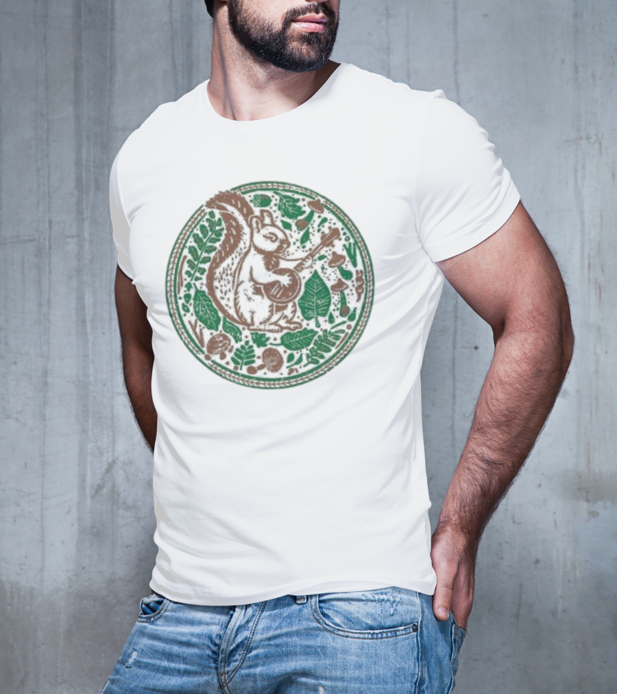 Squirrel Playing Banjo Nature Acorns Leaves Mushrooms T-Shirt