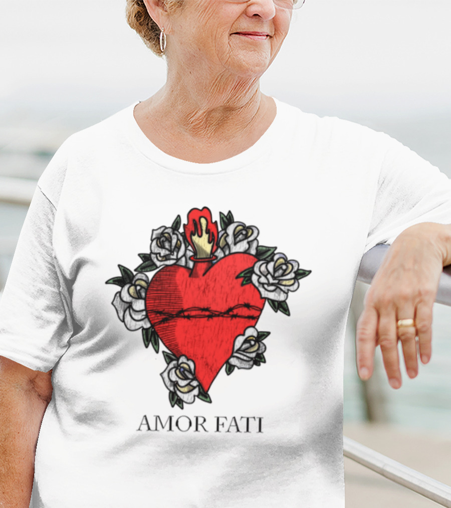 Amor Fati Sacred Heart Barbed Wire Roses Flame T-Shirt