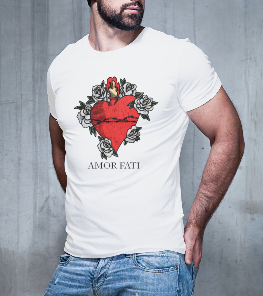 Amor Fati Sacred Heart Barbed Wire Roses Flame T-Shirt