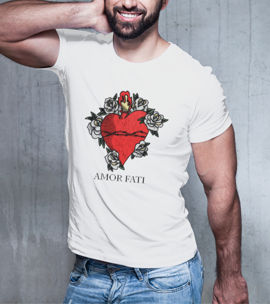 Amor Fati Sacred Heart Barbed Wire Roses Flame T-Shirt