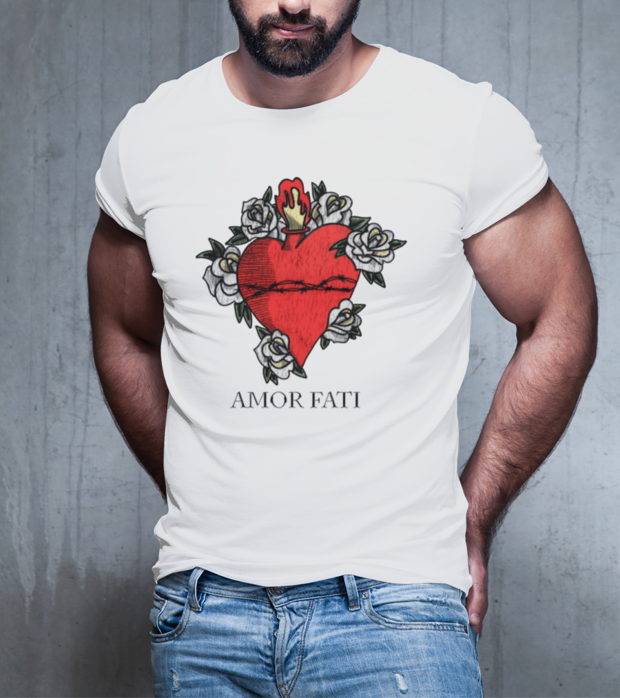 Amor Fati Sacred Heart Barbed Wire Roses Flame T-Shirt
