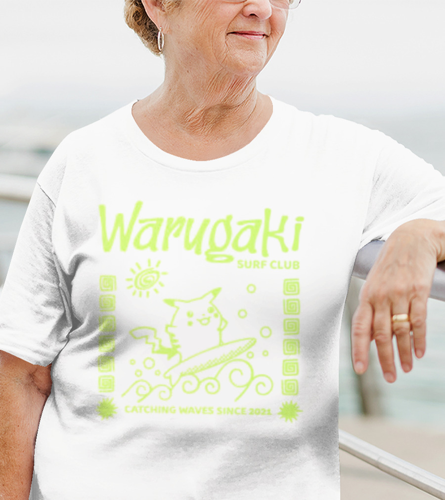 Warugaki Surf Club Pikachu Surfing Illustration Sun And Waves T-Shirt