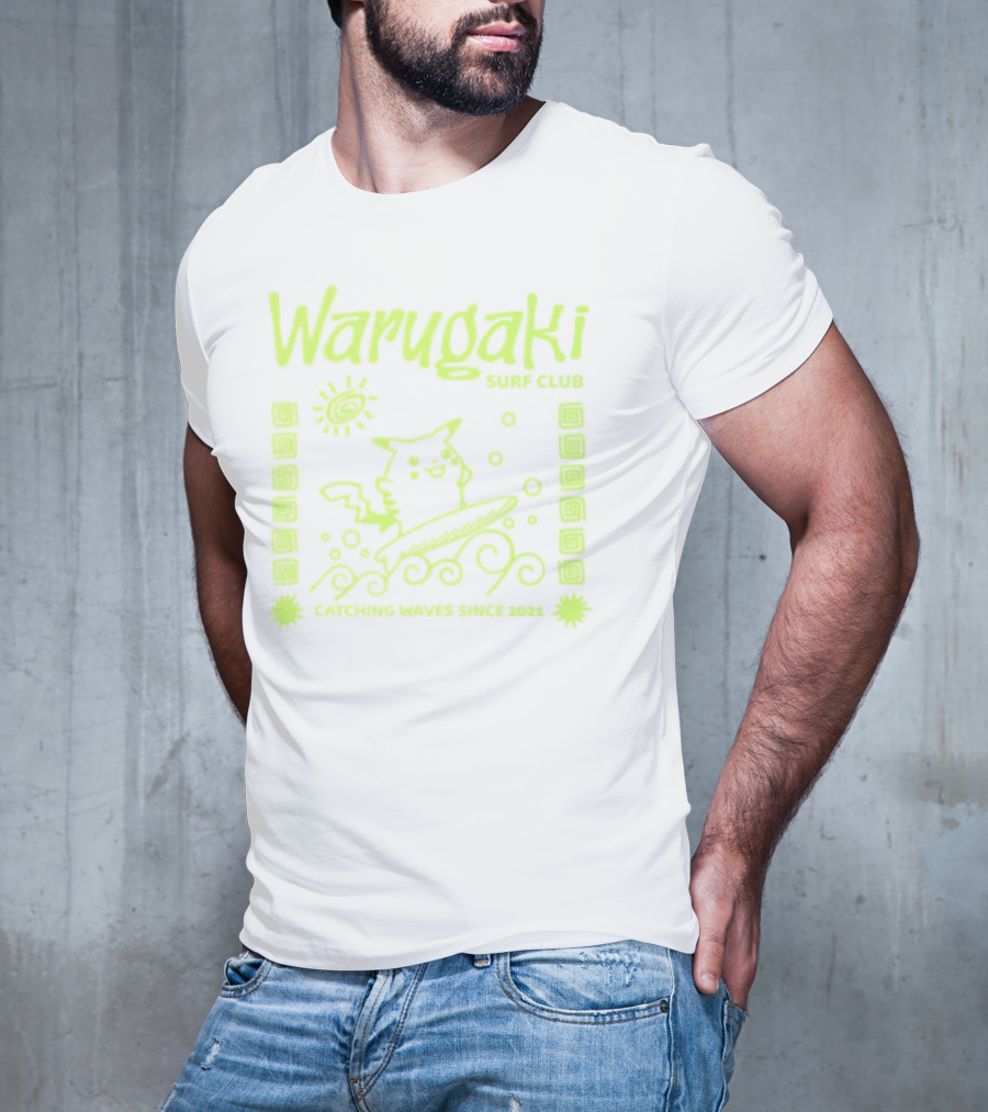 Warugaki Surf Club Pikachu Surfing Illustration Sun And Waves T-Shirt