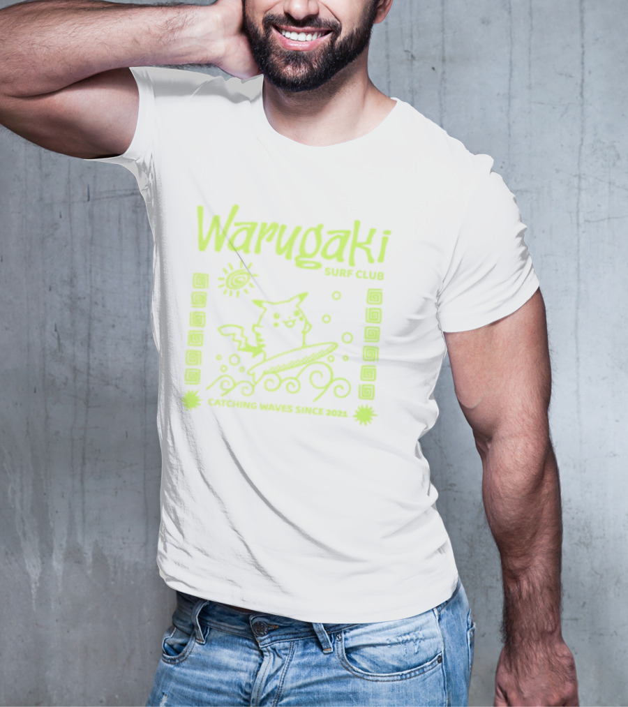 Warugaki Surf Club Pikachu Surfing Illustration Sun And Waves T-Shirt