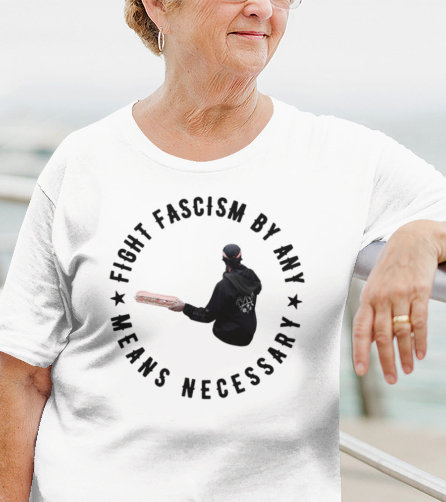 Fight Fascism By Any Means Necessary Red Bat Masked Figure T-Shirt