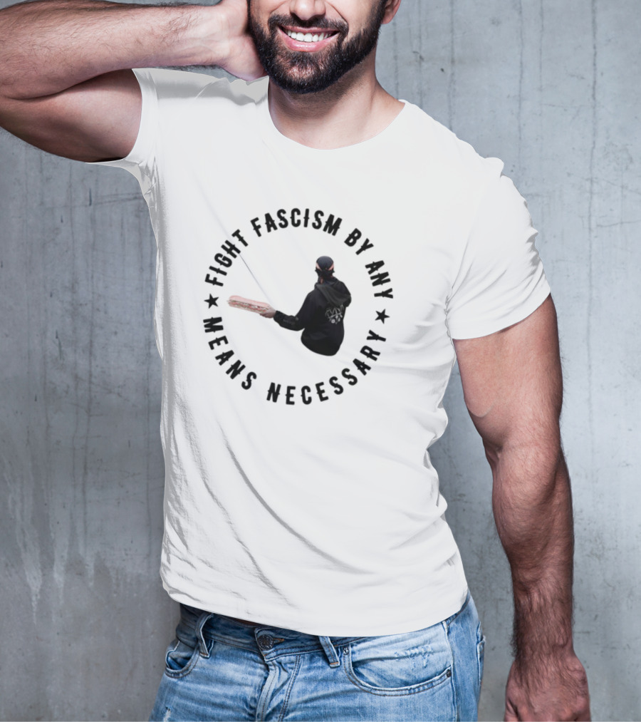 Fight Fascism By Any Means Necessary Red Bat Masked Figure T-Shirt