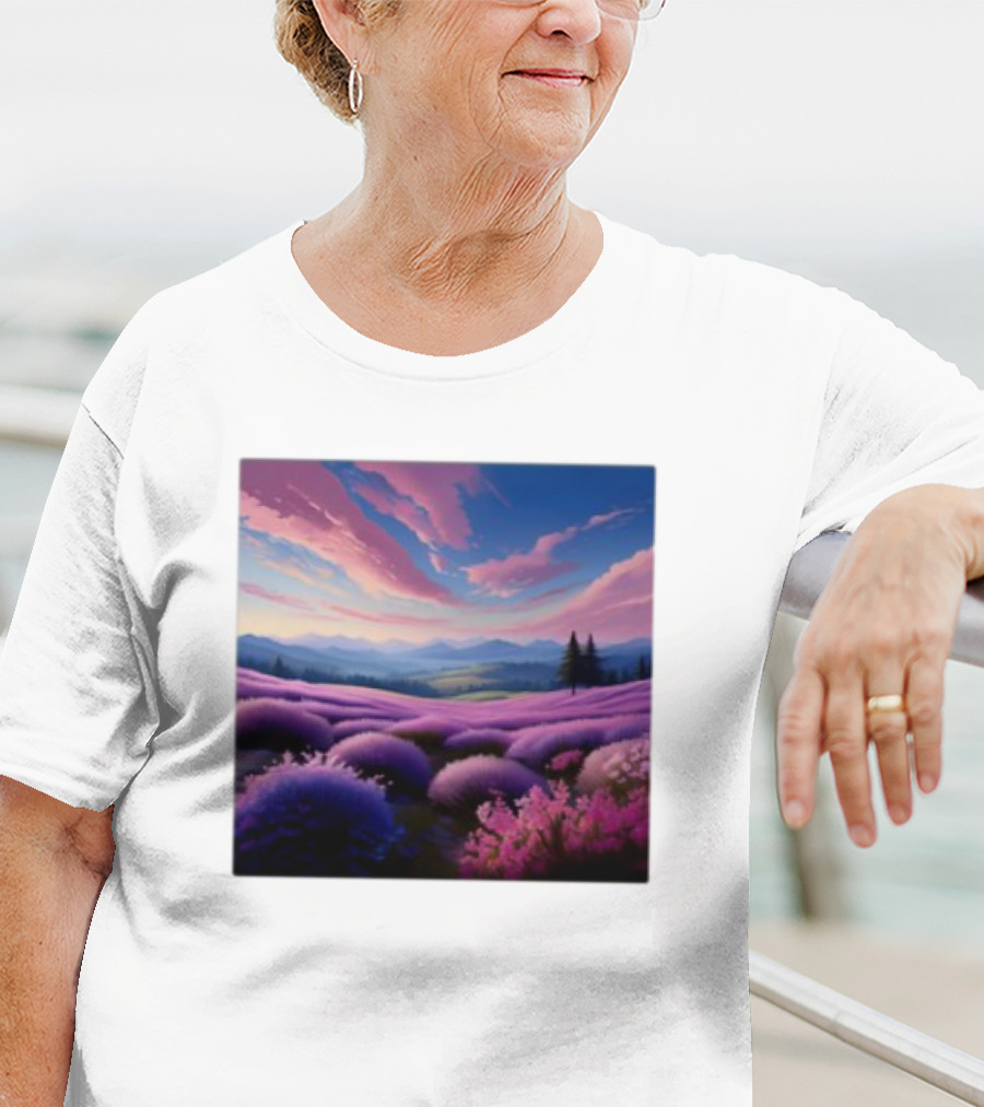 Her Radiant Bloom Lavender Sunset Landscape With Pink And Purple Sky T-Shirt