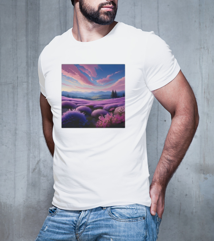 Her Radiant Bloom Lavender Sunset Landscape With Pink And Purple Sky T-Shirt