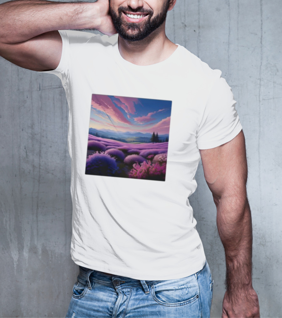 Her Radiant Bloom Lavender Sunset Landscape With Pink And Purple Sky T-Shirt