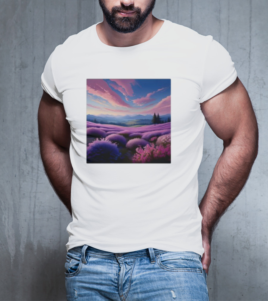 Her Radiant Bloom Lavender Sunset Landscape With Pink And Purple Sky T-Shirt
