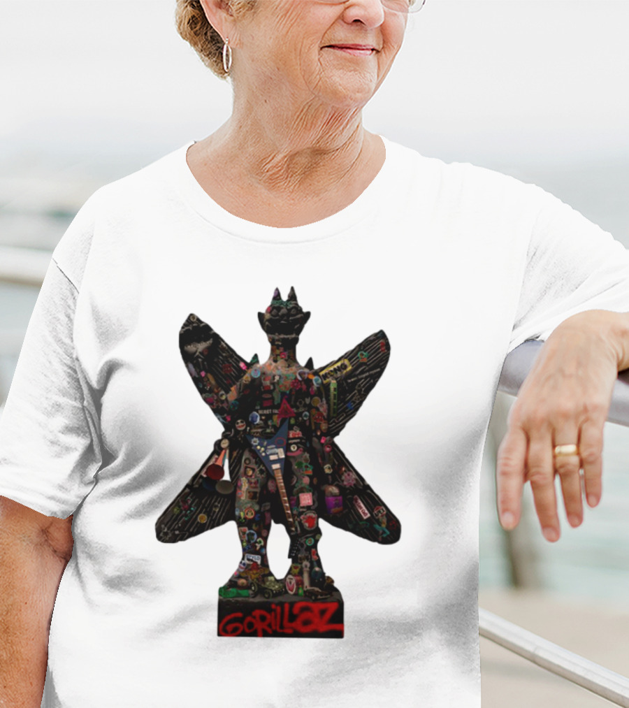 Gorillaz Iconic Pazuzu Figure With Music And Cultural Symbols T-Shirt