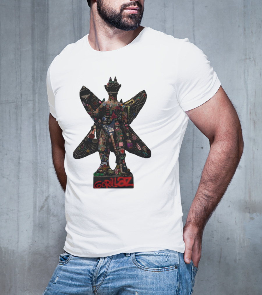 Gorillaz Iconic Pazuzu Figure With Music And Cultural Symbols T-Shirt