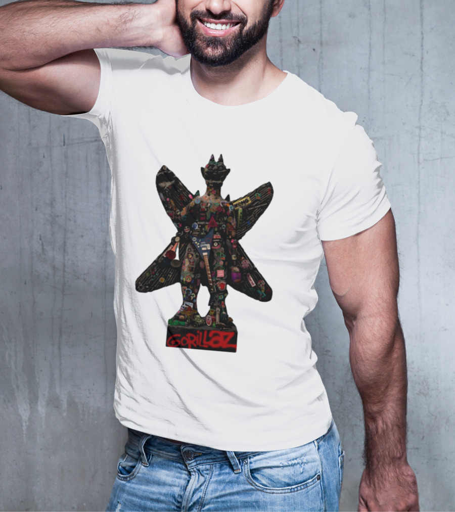 Gorillaz Iconic Pazuzu Figure With Music And Cultural Symbols T-Shirt