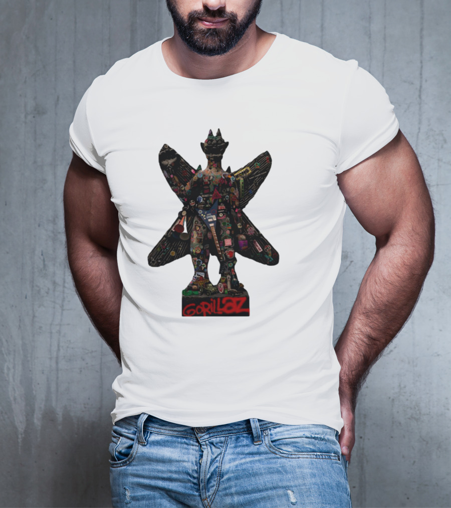 Gorillaz Iconic Pazuzu Figure With Music And Cultural Symbols T-Shirt