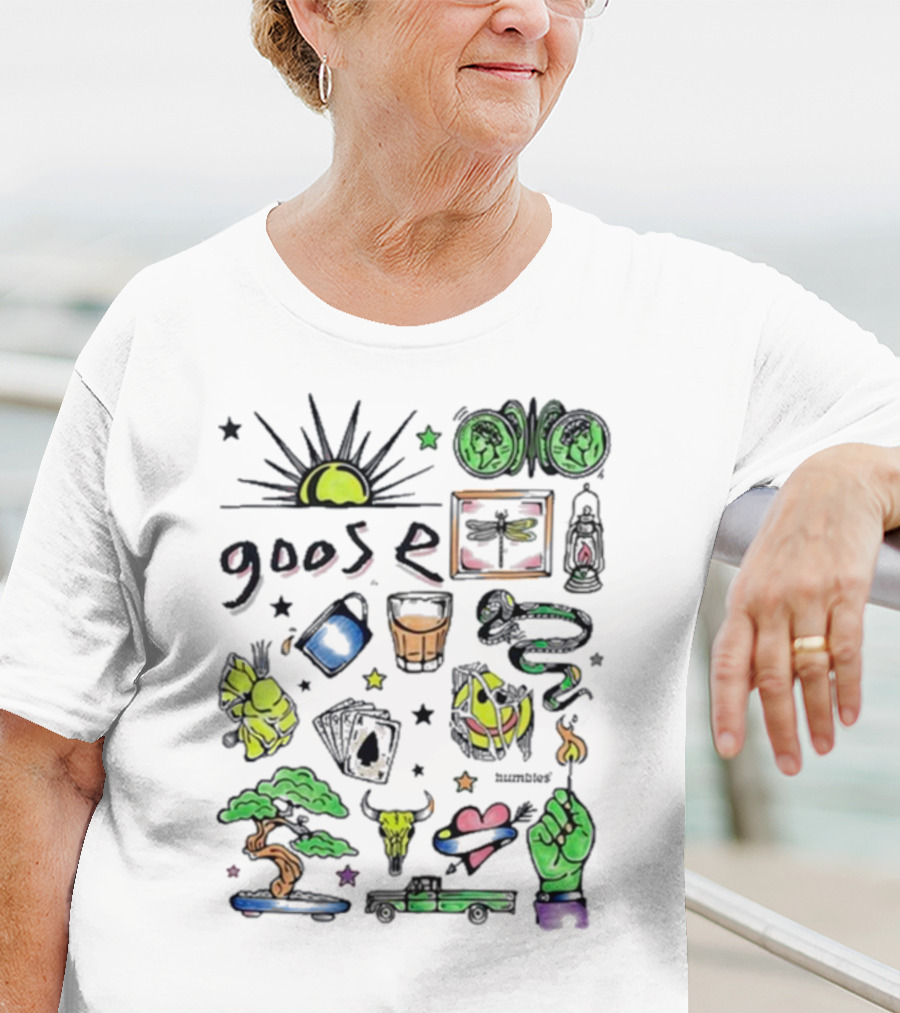 Goose Highlighter Hand Colored Sun Lock Tree Heart Candle Imagery T-Shirt