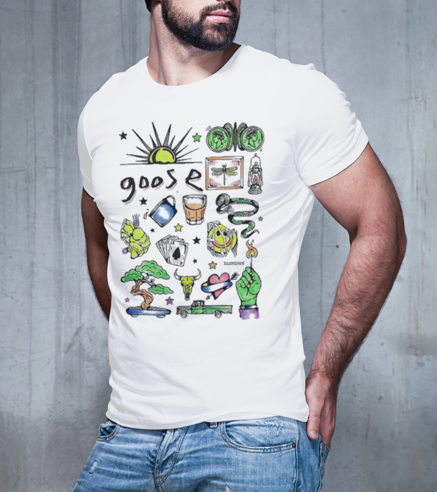 Goose Highlighter Hand Colored Sun Lock Tree Heart Candle Imagery T-Shirt