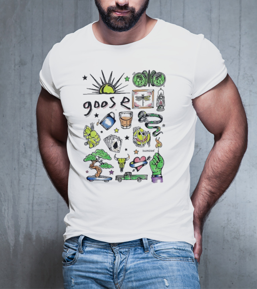 Goose Highlighter Hand Colored Sun Lock Tree Heart Candle Imagery T-Shirt