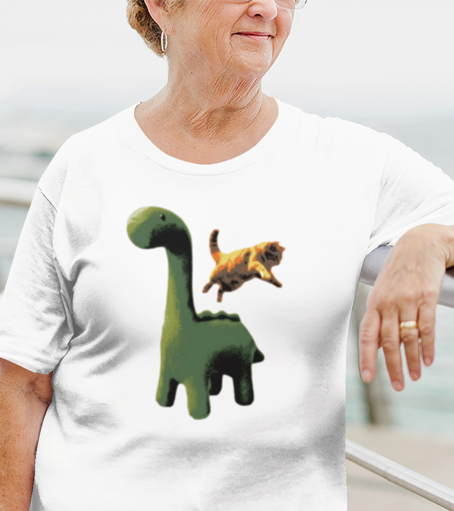 Abram Engle Kurt Dino Green Dinosaur With Leaping Orange Cat T-Shirt