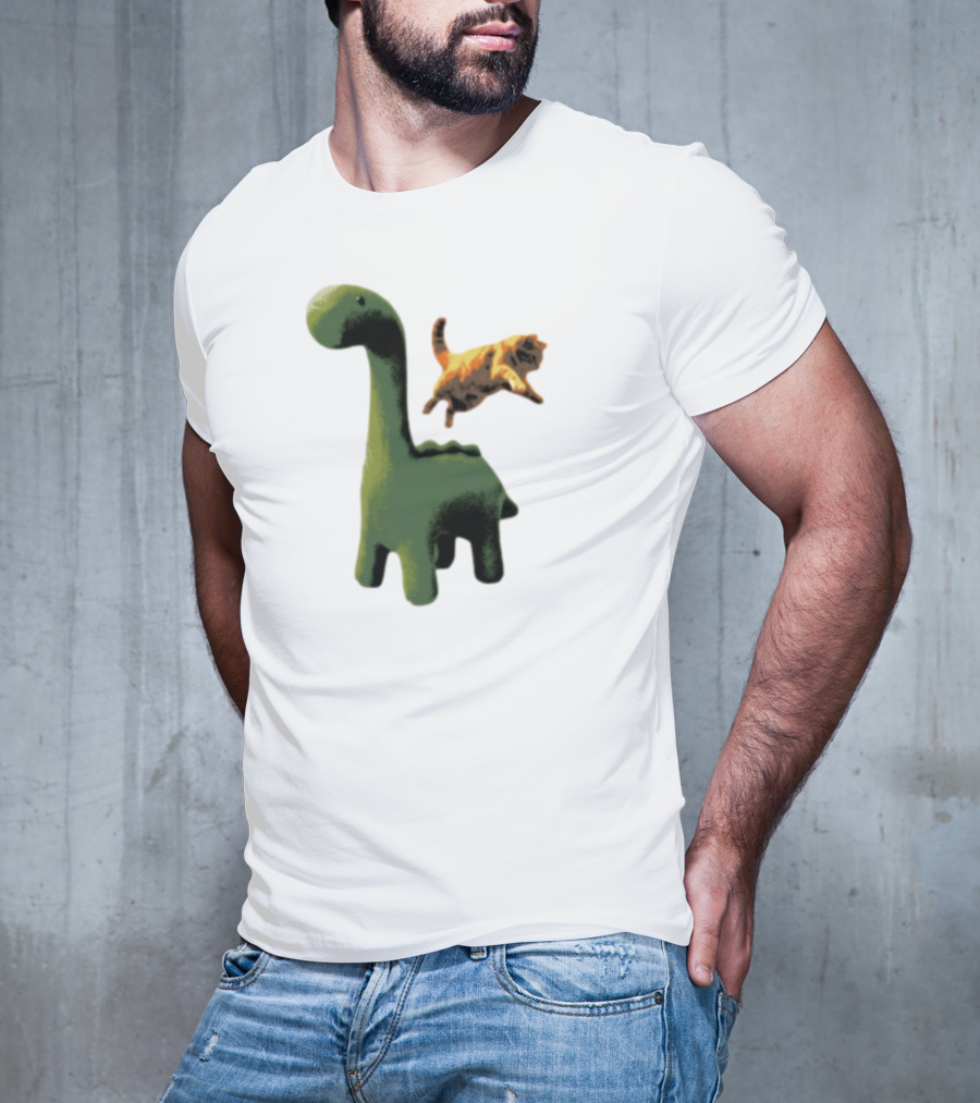 Abram Engle Kurt Dino Green Dinosaur With Leaping Orange Cat T-Shirt