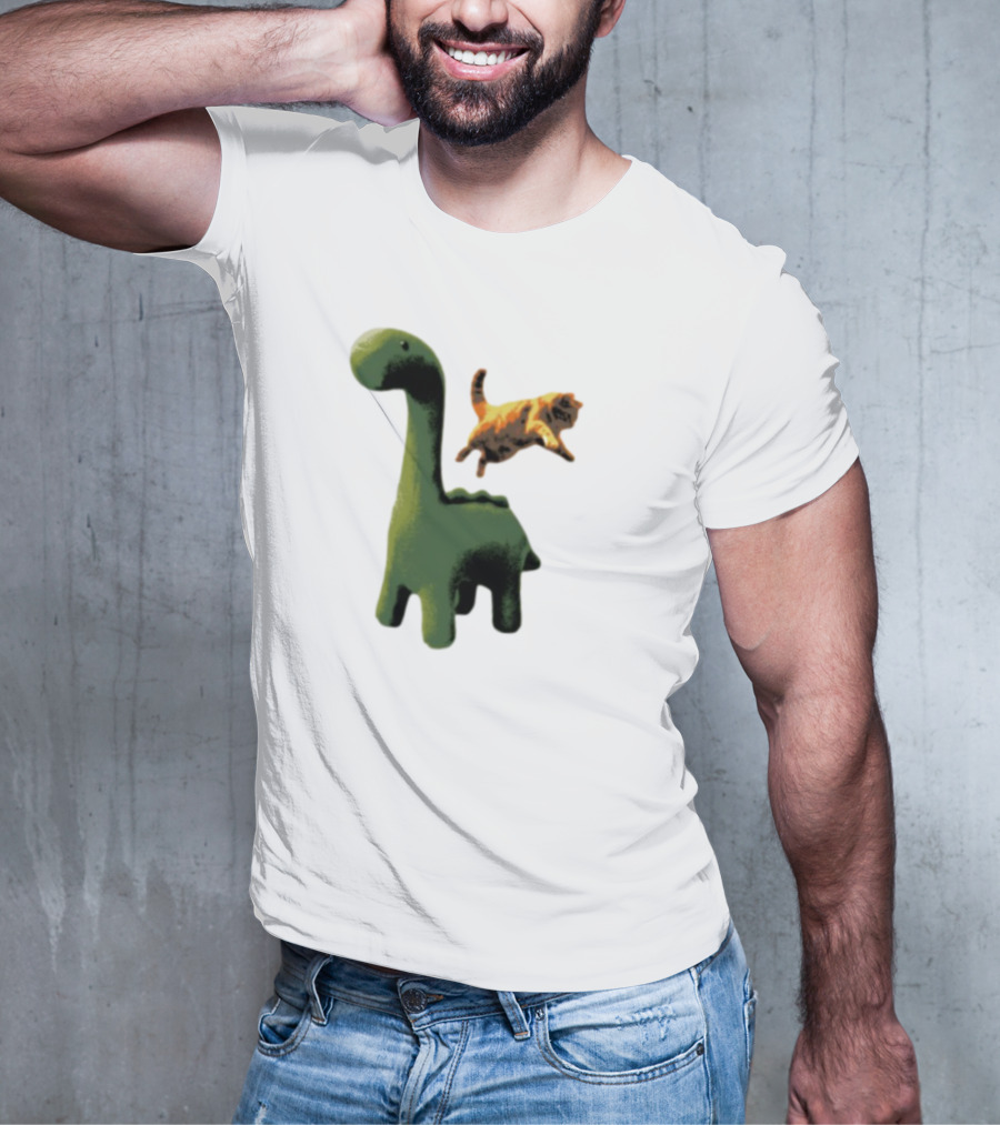Abram Engle Kurt Dino Green Dinosaur With Leaping Orange Cat T-Shirt