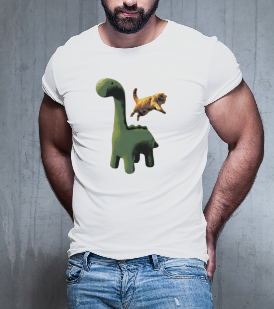Abram Engle Kurt Dino Green Dinosaur With Leaping Orange Cat T-Shirt