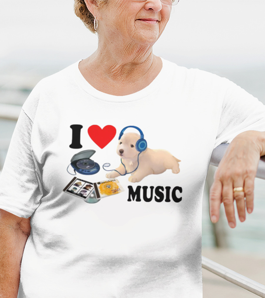 I Love Music Dog Headphones CD Player Album Puppy T-Shirt